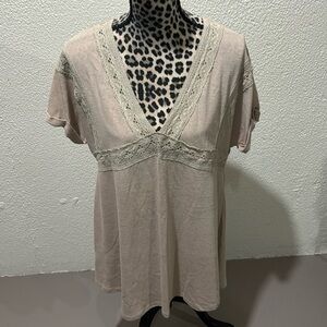 Mae Designs taupe blousey cotton top. V-neck in front & back